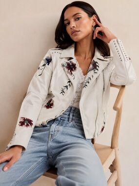 Floral Embroidered Faux Leather Moto Jacket Studded White Boho Cottagecore XS